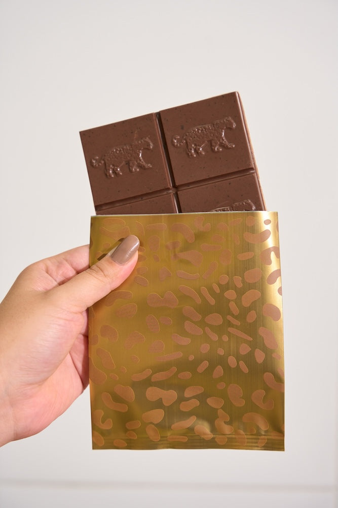 Hand holding a gold foil-wrapped passion fruit chocolate bar