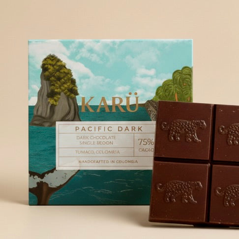 Dark chocolate bar with 'KARU' packaging featuring 