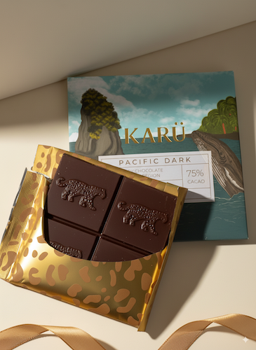 75% Dark chocolate bar in gold packaging with 'KARU' brand in the background