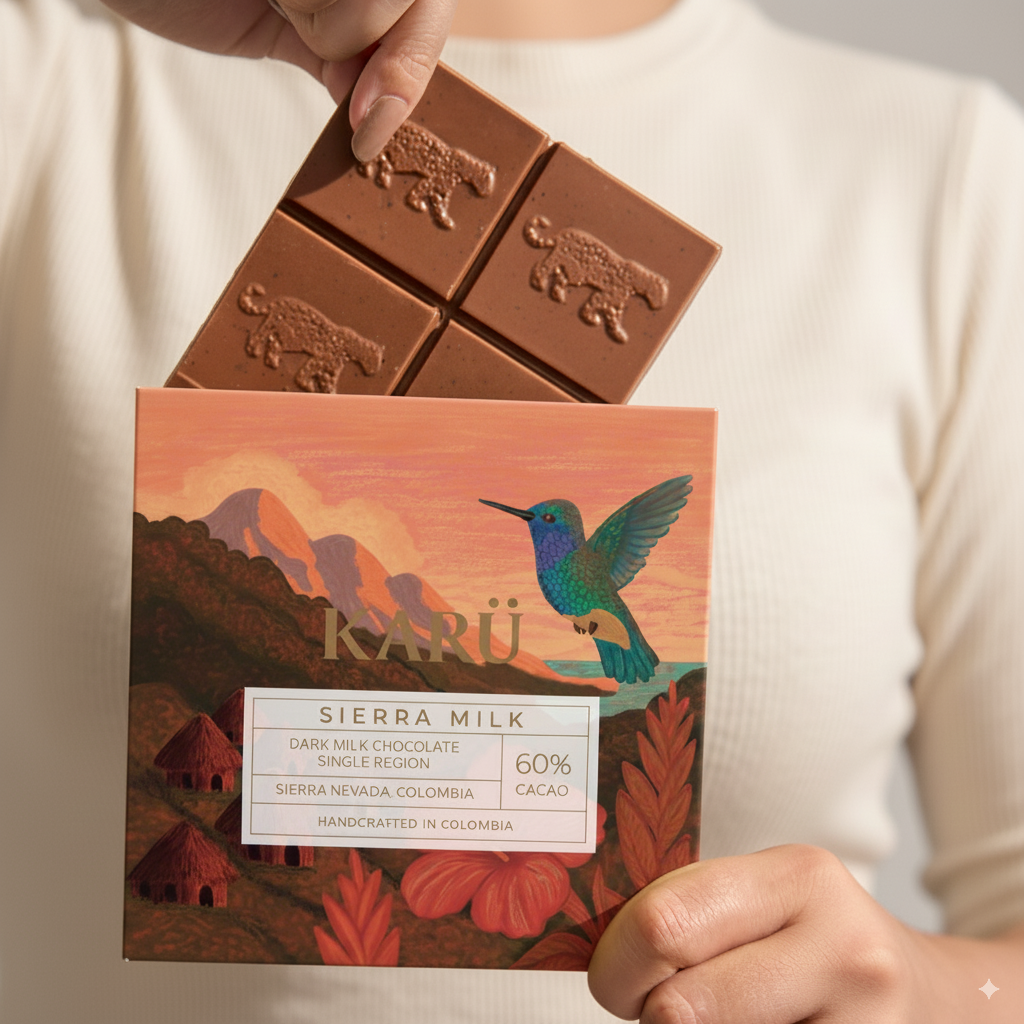 Person holding a box of Karu Sierra Milk chocolate