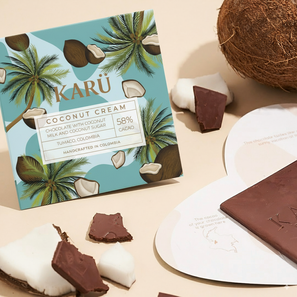 Karu coconut cream chocolate bar with packaging and coconuts on a beige background